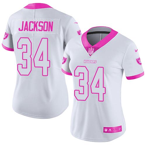 Nike Raiders #34 Bo Jackson White/Pink Women's Stitched NFL Limited Rush Fashion Jersey
