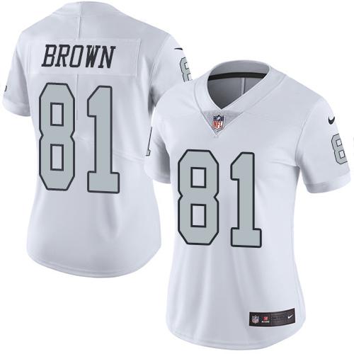 Nike Raiders #81 Tim Brown White Women's Stitched NFL Limited Rush Jersey