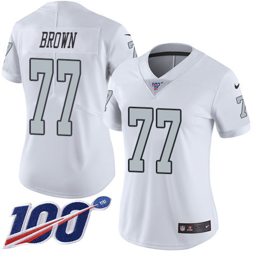 Nike Raiders #77 Trent Brown White Women's Stitched NFL Limited Rush 100th Season Jersey