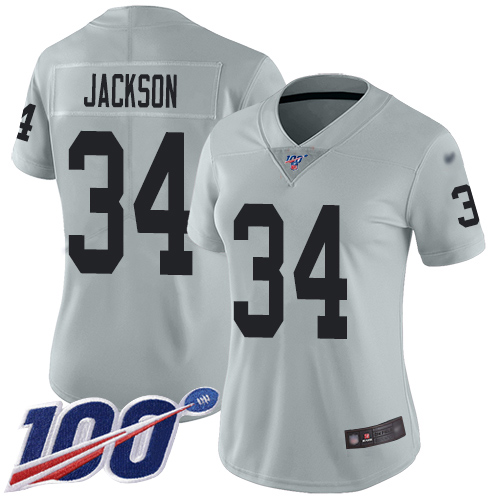 Nike Raiders #34 Bo Jackson Silver Women's Stitched NFL Limited Inverted Legend 100th Season Jersey
