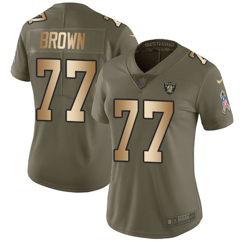 Nike Raiders #77 Trent Brown Olive/Gold Women's Stitched NFL Limited 2017 Salute To Service Jersey