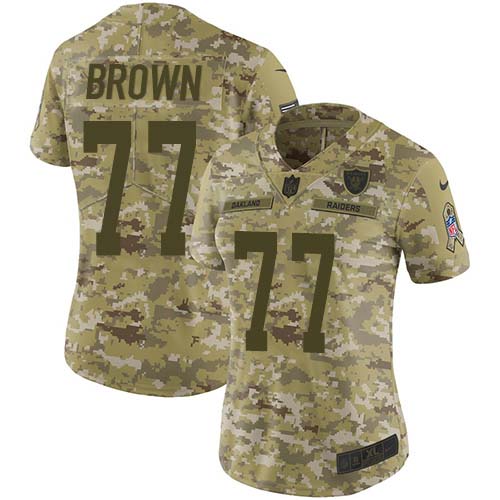 Nike Raiders #77 Trent Brown Camo Women's Stitched NFL Limited 2018 Salute To Service Jersey