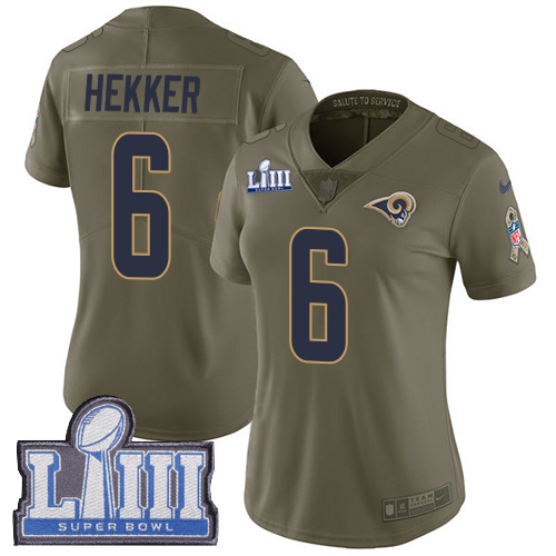 Nike Rams #6 Johnny Hekker Olive Super Bowl LIII Bound Women's Stitched NFL Limited 2017 Salute to Service Jersey