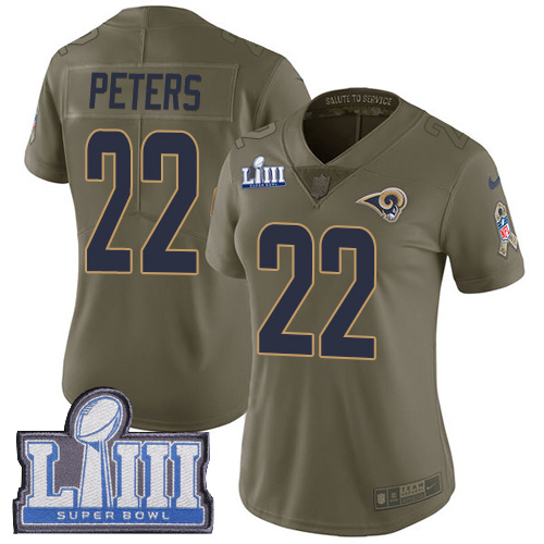Nike Rams #22 Marcus Peters Olive Super Bowl LIII Bound Women's Stitched NFL Limited 2017 Salute to Service Jersey