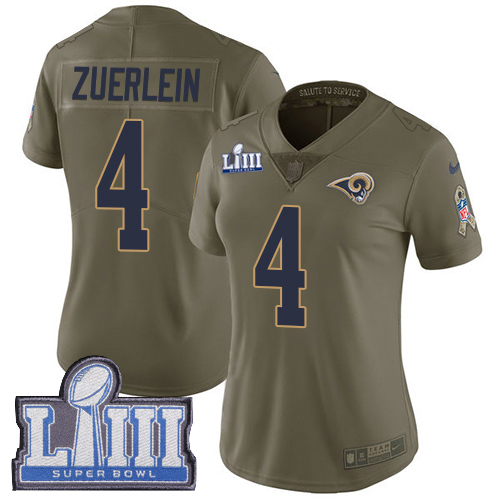 Nike Rams #4 Greg Zuerlein Olive Super Bowl LIII Bound Women's Stitched NFL Limited 2017 Salute to Service Jersey