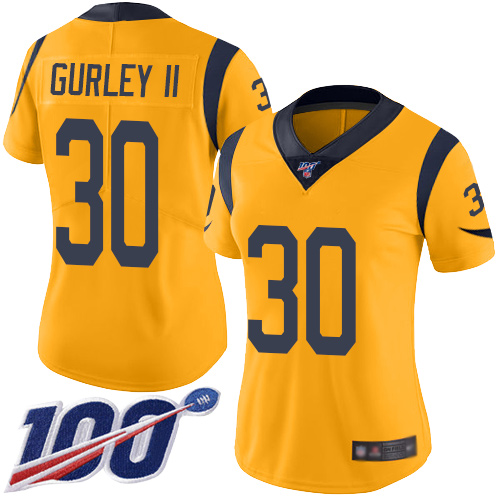 Nike Rams #30 Todd Gurley II Gold Women's Stitched NFL Limited Rush 100th Season Jersey