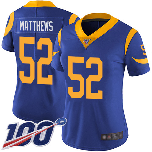 Nike Rams #52 Clay Matthews Royal Blue Alternate Women's Stitched NFL 100th Season Vapor Limited Jersey