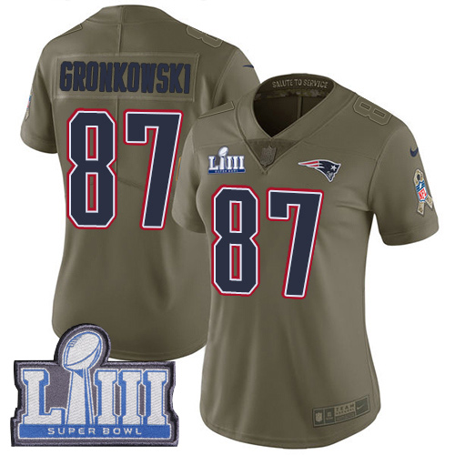 Nike Patriots #87 Rob Gronkowski Olive Super Bowl LIII Bound Women's Stitched NFL Limited 2017 Salute to Service Jersey