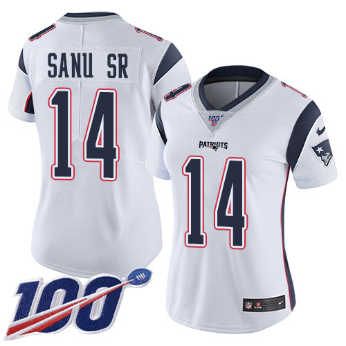 Nike Patriots #14 Mohamed Sanu Sr White Women's Stitched NFL 100th Season Vapor Limited Jersey