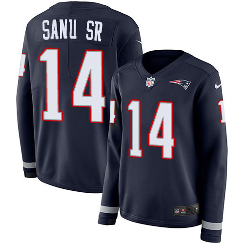 Nike Patriots #14 Mohamed Sanu Sr Navy Blue Team Color Women's Stitched NFL Limited Therma Long Sleeve Jersey