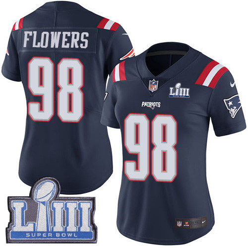 Nike Patriots #98 Trey Flowers Navy Blue Super Bowl LIII Bound Women's Stitched NFL Limited Rush Jersey