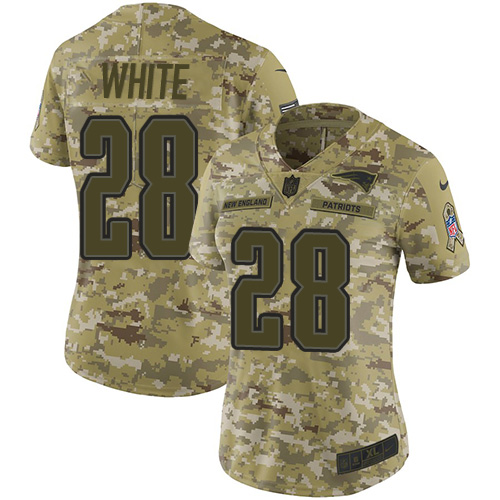 Nike Patriots #28 James White Camo Women's Stitched NFL Limited 2018 Salute to Service Jersey