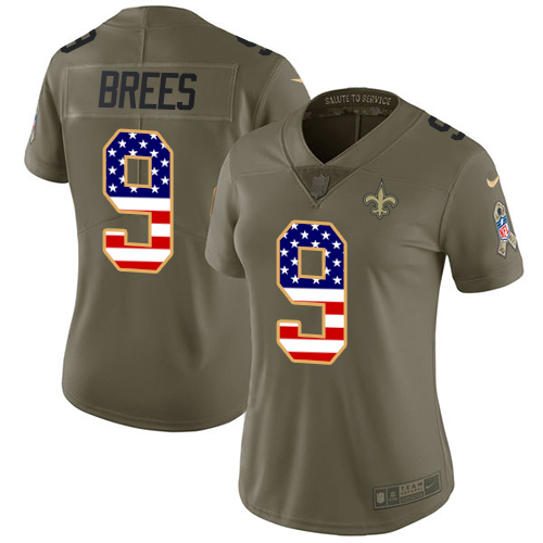 Nike Saints #9 Drew Brees Olive/USA Flag Women's Stitched NFL Limited 2017 Salute to Service Jersey