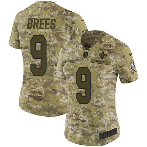 Nike Saints #9 Drew Brees Camo Women's Stitched NFL Limited 2018 Salute to Service Jersey