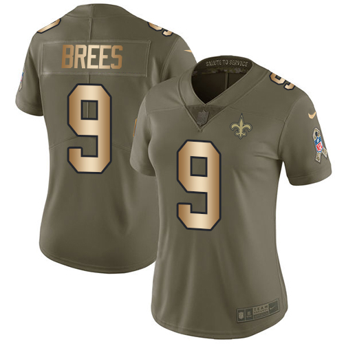 Nike Saints #9 Drew Brees Olive/Gold Women's Stitched NFL Limited 2017 Salute to Service Jersey