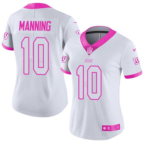 Nike Giants #10 Eli Manning White/Pink Women's Stitched NFL Limited Rush Fashion Jersey