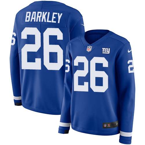 Nike Giants #26 Saquon Barkley Royal Blue Team Color Women's Stitched NFL Limited Therma Long Sleeve Jersey