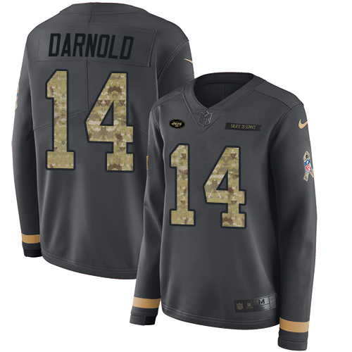 Nike Jets #14 Sam Darnold Anthracite Salute to Service Women's Stitched NFL Limited Therma Long Sleeve Jersey