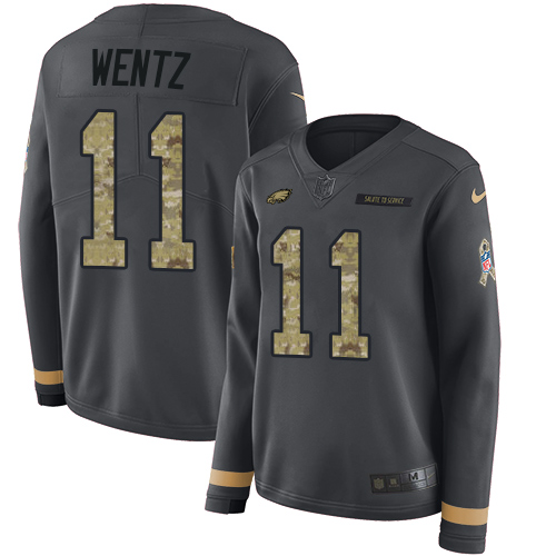 Nike Eagles #11 Carson Wentz Anthracite Salute to Service Women's Stitched NFL Limited Therma Long Sleeve Jersey