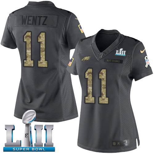 Nike Eagles #11 Carson Wentz Black Super Bowl LII Women's Stitched NFL Limited 2016 Salute to Service Jersey