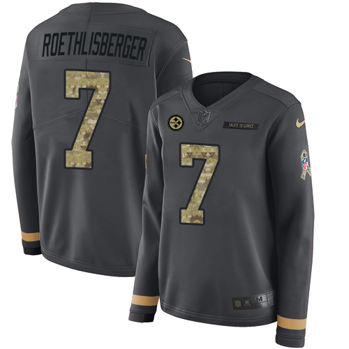Nike Steelers #7 Ben Roethlisberger Anthracite Salute to Service Women's Stitched NFL Limited Therma Long Sleeve Jersey