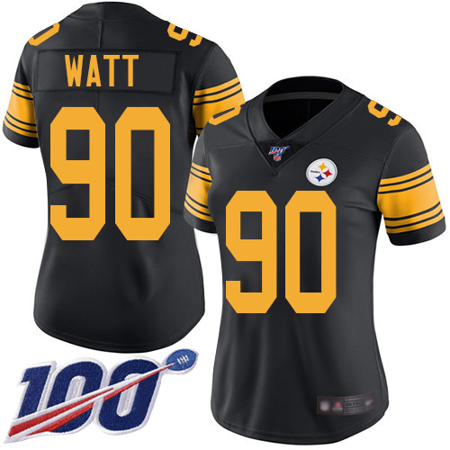 Nike Steelers #90 T. J. Watt Black Women's Stitched NFL Limited Rush 100th Season Jersey
