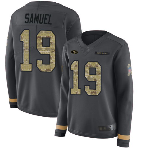 Nike 49ers #19 Deebo Samuel Anthracite Salute to Service Women's Stitched NFL Limited Therma Long Sleeve Jersey