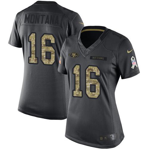 Nike 49ers #16 Joe Montana Black Women's Stitched NFL Limited 2016 Salute to Service Jersey