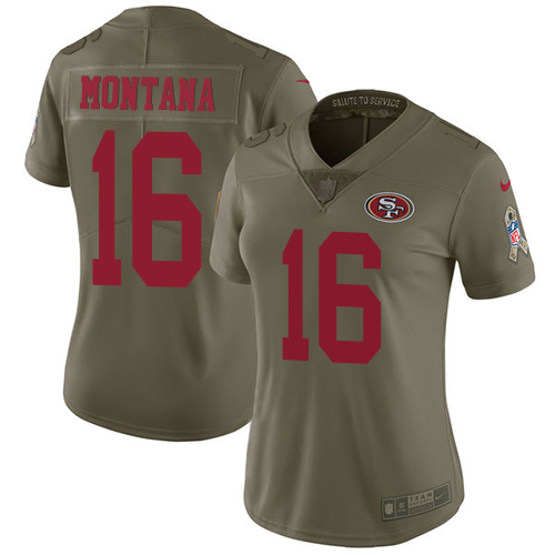 Nike 49ers #16 Joe Montana Olive Women's Stitched NFL Limited 2017 Salute to Service Jersey