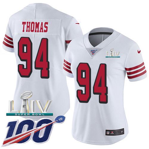 Nike 49ers #94 Solomon Thomas White Super Bowl LIV 2020 Rush Women's Stitched NFL Limited 100th Season Jersey Nike 49ers #94 Solomon Thomas White Super Bowl LIV 2020 Rush Women's Stitched NFL Limited 100th Season Jersey