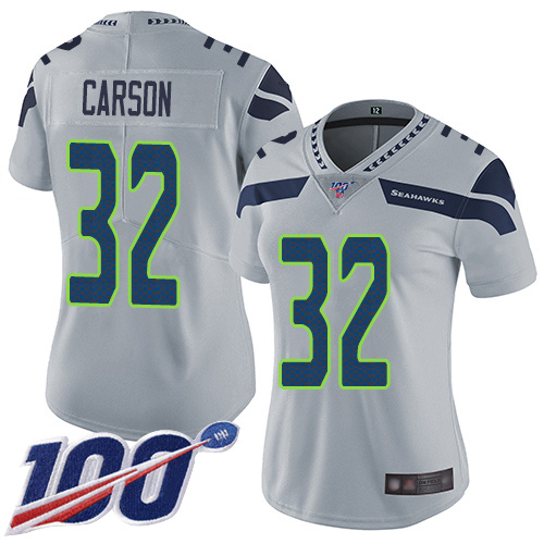 Nike Seahawks #32 Chris Carson Grey Alternate Women's Stitched NFL 100th Season Vapor Limited Jersey
