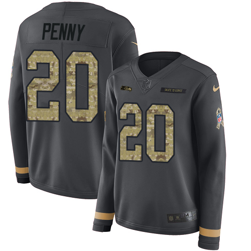Nike Seahawks #20 Rashaad Penny Anthracite Salute to Service Women's Stitched NFL Limited Therma Long Sleeve Jersey