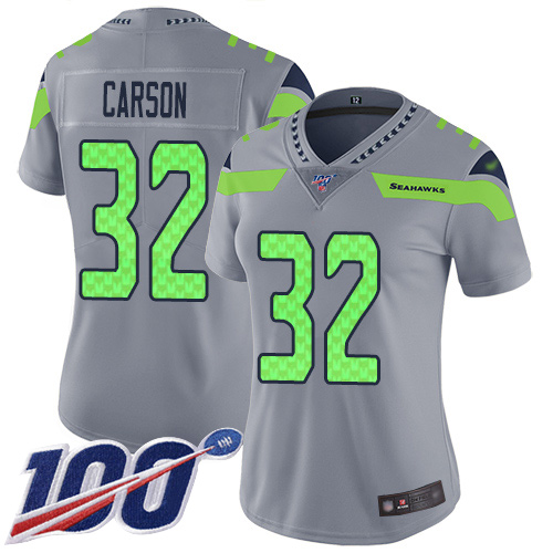 Nike Seahawks #32 Chris Carson Silver Women's Stitched NFL Limited Inverted Legend 100th Season Jersey