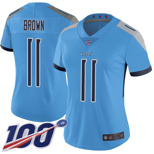 Nike Titans #11 A.J. Brown Light Blue Alternate Women's Stitched NFL 100th Season Vapor Limited Jersey