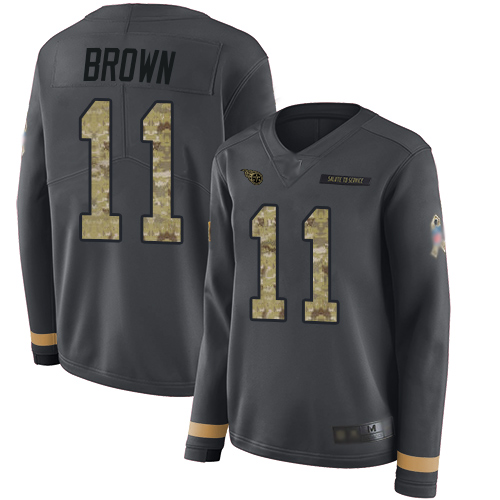 Nike Titans #11 A.J. Brown Anthracite Salute to Service Women's Stitched NFL Limited Therma Long Sleeve Jersey