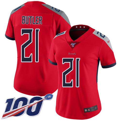 Nike Titans #21 Malcolm Butler Red Women's Stitched NFL Limited Inverted Legend 100th Season Jersey