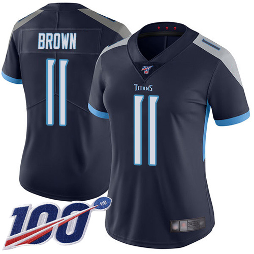 Nike Titans #11 A.J. Brown Navy Blue Team Color Women's Stitched NFL 100th Season Vapor Limited Jersey