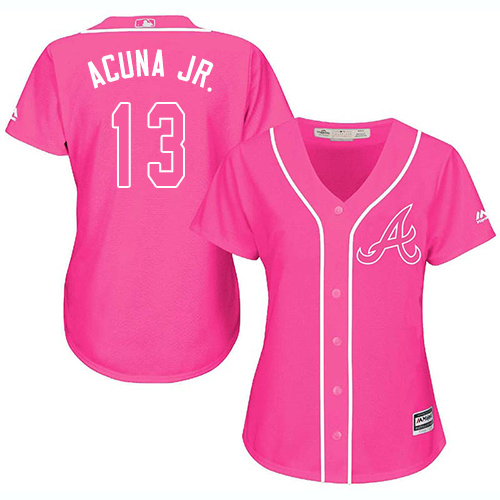 Braves #13 Ronald Acuna Jr. Pink Fashion Women's Stitched MLB Jersey