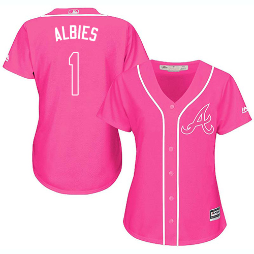 Braves #1 Ozzie Albies Pink Fashion Women's Stitched MLB Jersey
