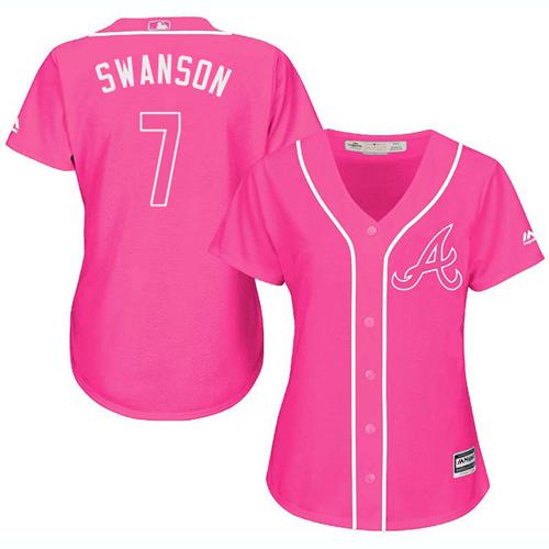 Braves #7 Dansby Swanson Pink Fashion Women's Stitched MLB Jersey