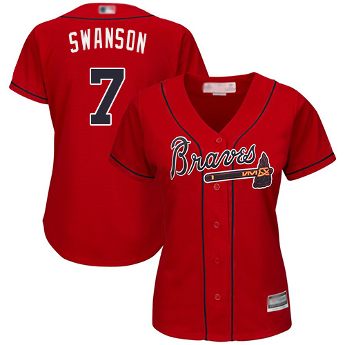 Braves #7 Dansby Swanson Red Alternate Women's Stitched MLB Jersey