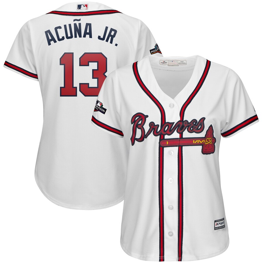 Atlanta Braves #13 Ronald Acuna Jr. Majestic Women's 2019 Postseason Official Cool Base Player Jersey White