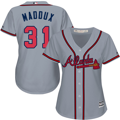 Braves #31 Greg Maddux Grey Road Women's Stitched MLB Jersey