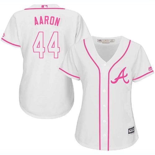 Braves #44 Hank Aaron White/Pink Fashion Women's Stitched MLB Jersey