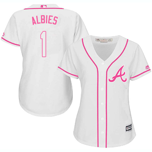 Braves #1 Ozzie Albies White/Pink Fashion Women's Stitched MLB Jersey