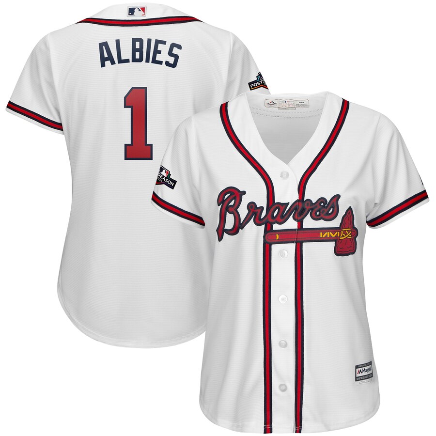 Atlanta Braves #1 Ozzie Albies Majestic Women's 2019 Postseason Official Cool Base Player Jersey White