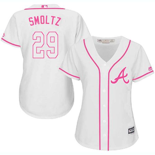 Braves #29 John Smoltz White/Pink Fashion Women's Stitched MLB Jersey