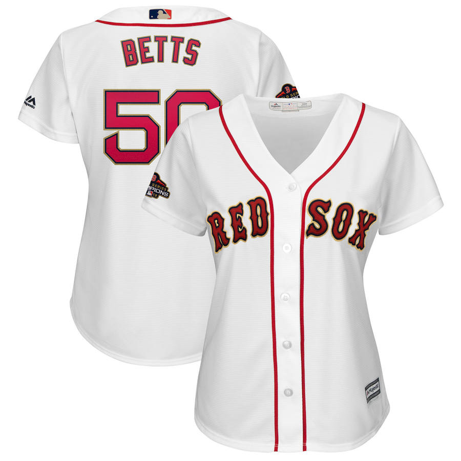 Boston Red Sox #50 Mookie Betts Majestic Women's 2019 Gold Program Cool Base Player Jersey White