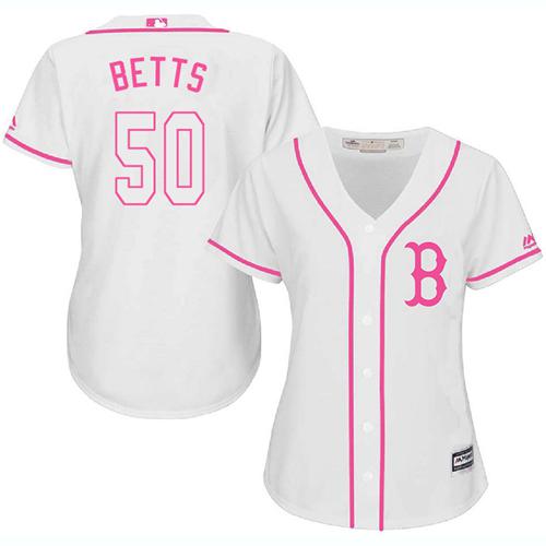 Red Sox #50 Mookie Betts White/Pink Fashion Women's Stitched MLB Jersey