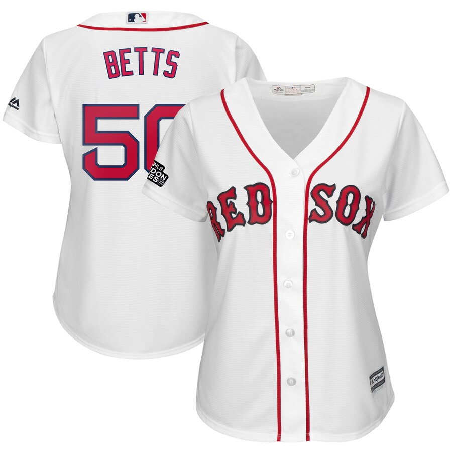 Boston Red Sox #50 Mookie Betts Majestic Women's 2019 London Series Cool Base Player Jersey White